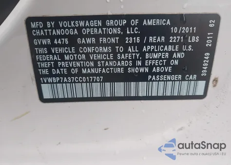 2012 Volkswagen Passat 2.5L Se из США, поврежденный, VIN 1VWBP7A37CC017707